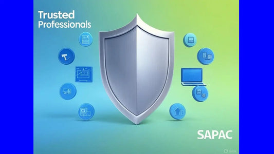 SAPAC Professionals cyber-secure platform, featuring a digital shield, service icons, and branding for trusted contractors and businesses